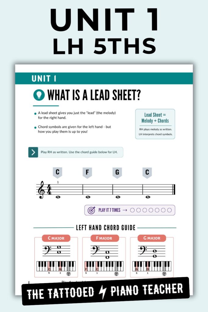 unit 1 introduces lead sheets using left hand fifths, two-note chords. chord first book 1. the tattooed piano teacher
