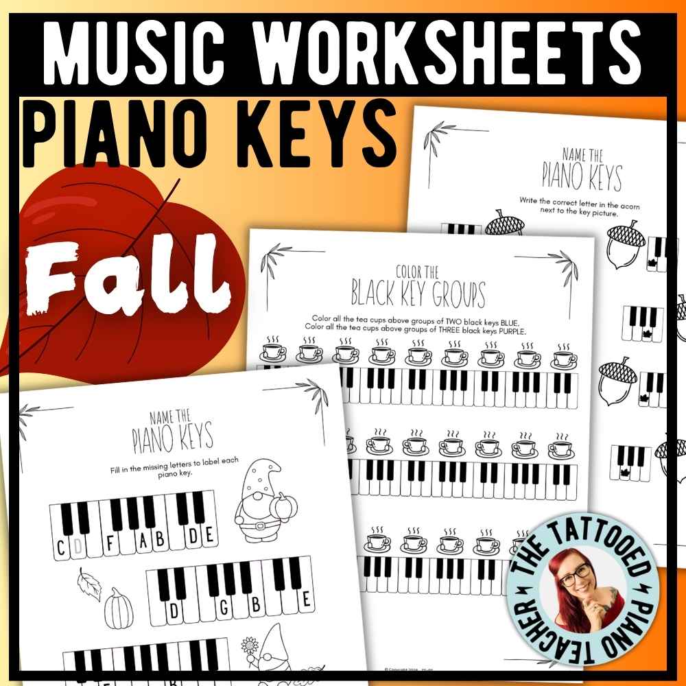 Printable fall piano key worksheets for beginners practicing white key names on the piano keyboard.