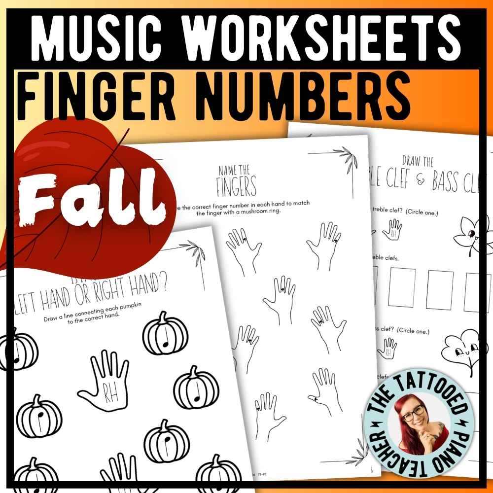Fall finger number music theory worksheets for beginning piano students learning piano finger numbers.