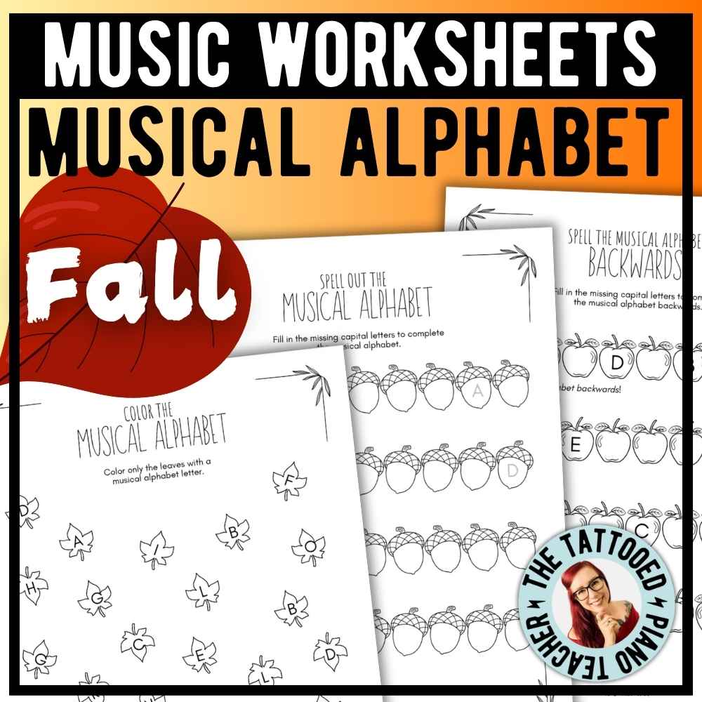Fall musical alphabet worksheets for piano students practicing music letter names from A to G.