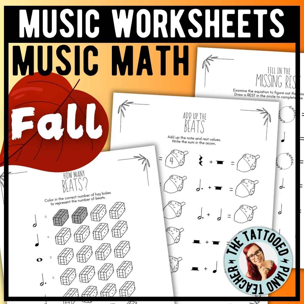 Printable fall music math worksheets featuring note and rest value exercises for piano students.