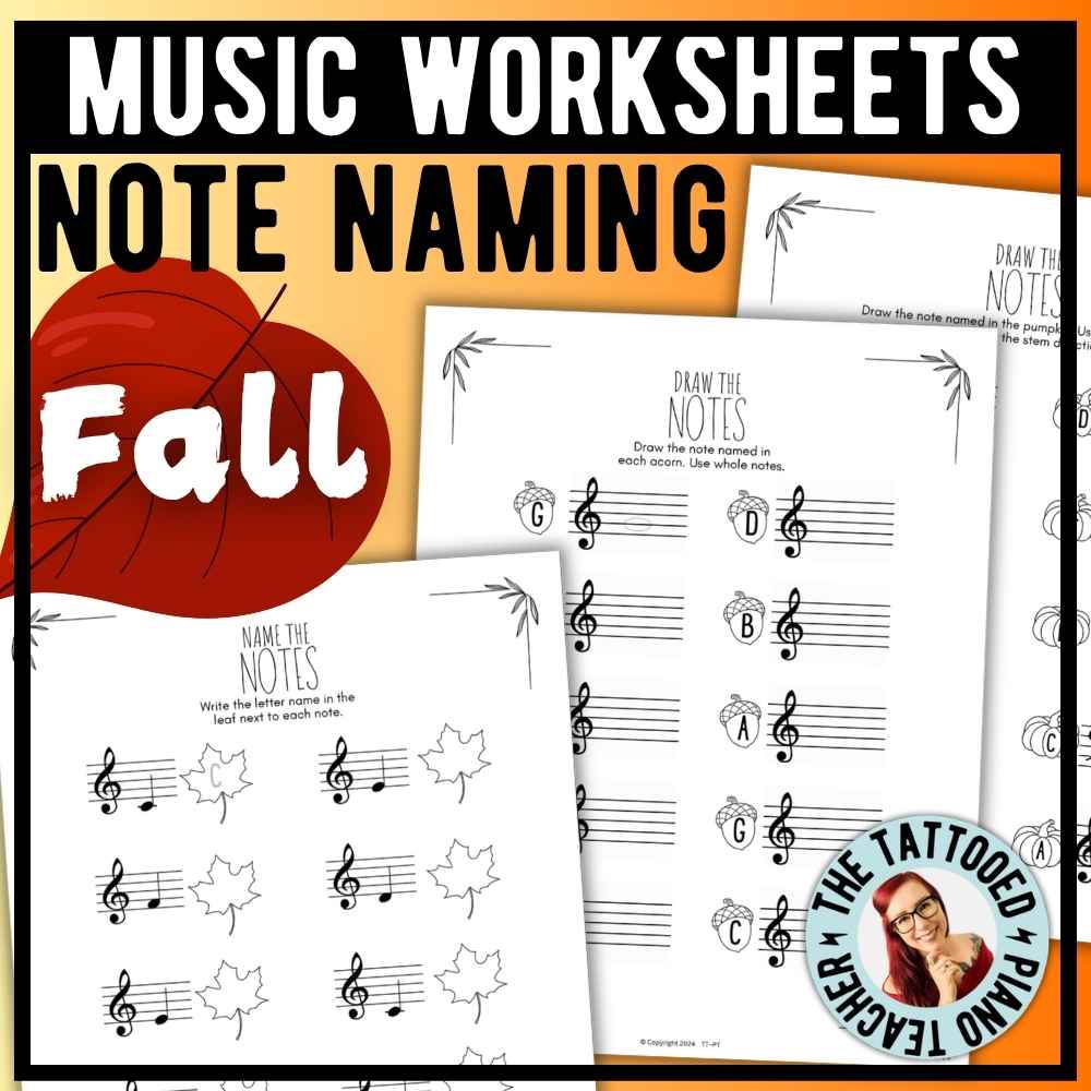 Fall note naming worksheets for piano students practicing music notes on the treble and bass clef staffs.
