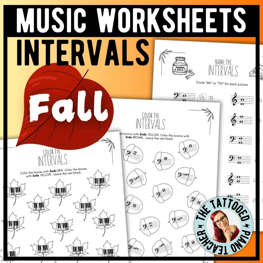 Fall music interval worksheets for piano students practicing interval identification on the music staff.