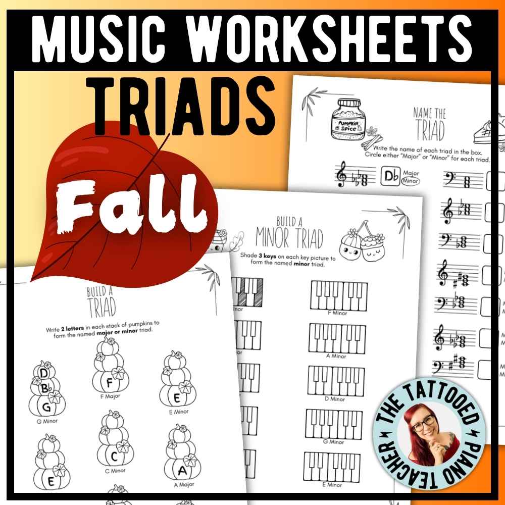 Fall triad music theory worksheets for piano students learning to identify and build musical triads.
