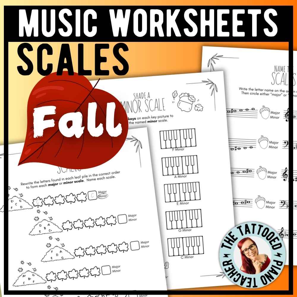 Fall scale music theory worksheets for piano students practicing musical scales and scale patterns.