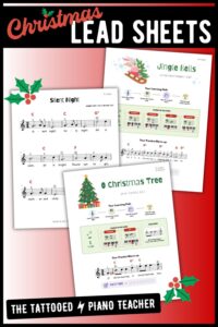 20 Christmas piano lead sheets for beginners featuring familiar holiday songs with easy chord options for piano teachers and their students.