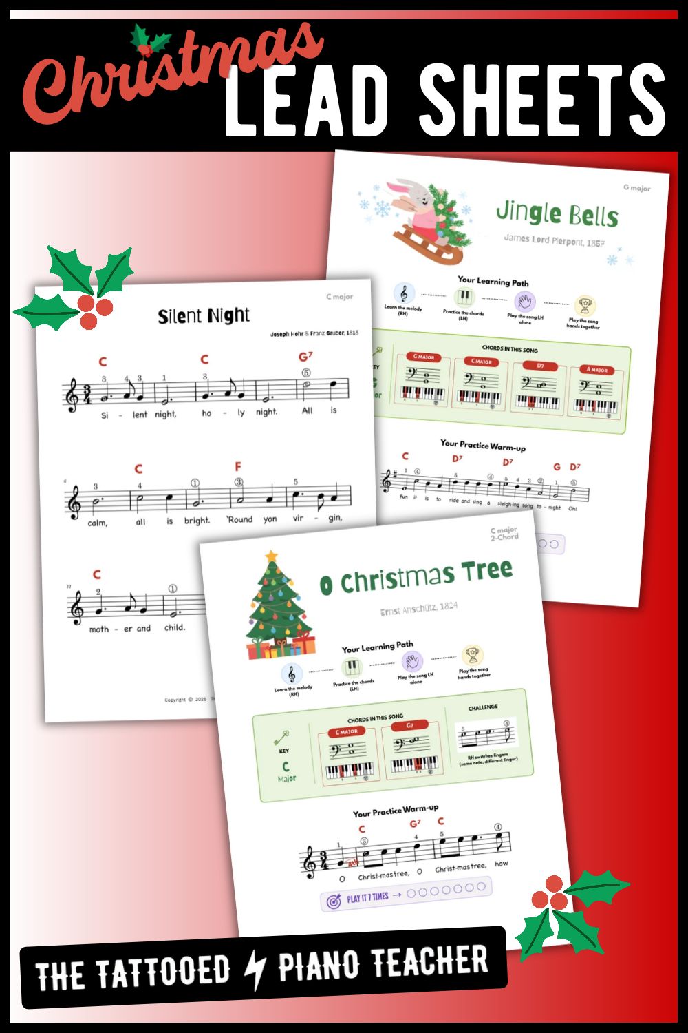 20 Christmas piano lead sheets for beginners featuring familiar holiday songs with easy chord options for piano teachers and their students.