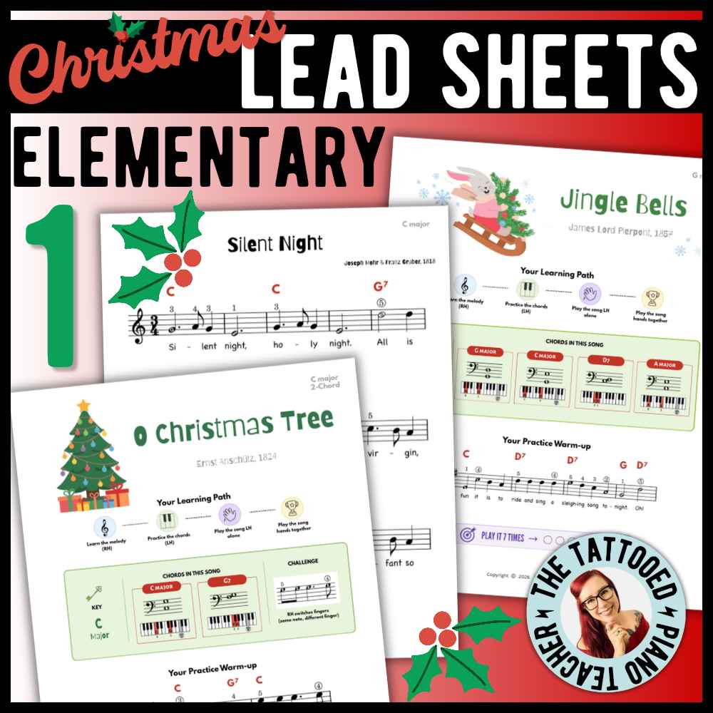 Christmas piano lead sheets for beginners featuring 10 familiar holiday songs with multiple chord options for piano students.
