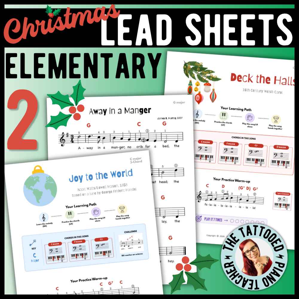 Beginner Christmas piano lead sheets Pack 2 featuring 10 holiday songs with easy chord arrangements and multiple difficulty levels.