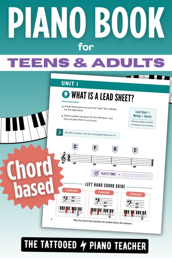 Piano book for teens and adults. Chord based. What is a lead sheet? Chord First All in One Piano Method Book. The tattooed Piano teacher
