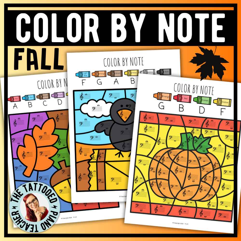 Fall color-by-note music coloring worksheets with autumn pictures for piano students practicing note reading.