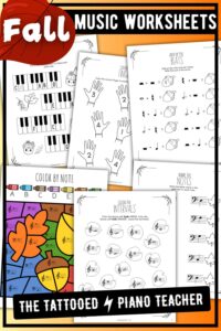 Collection of printable fall music worksheets for piano students featuring note naming, music math, intervals, scales, and other music theory activities.