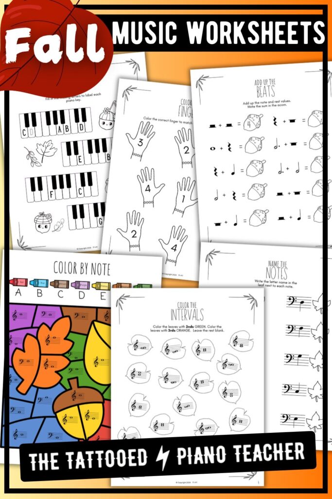 Collection of printable fall music worksheets for piano students featuring note naming, music math, intervals, scales, and other music theory activities.