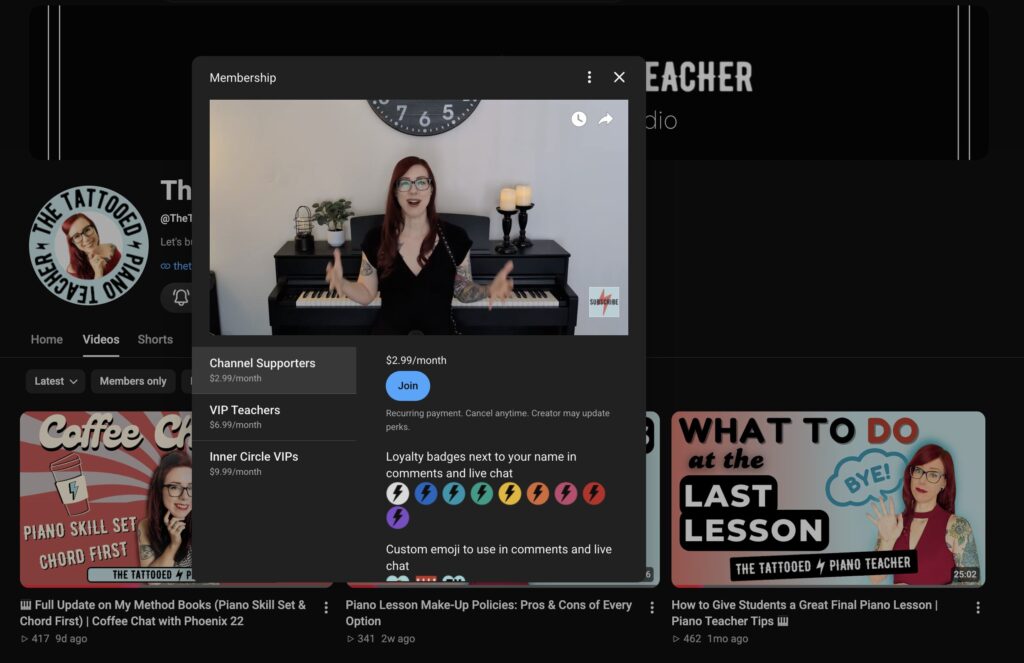 The Tattooed Piano Teacher YouTube channel membership. piano teacher community