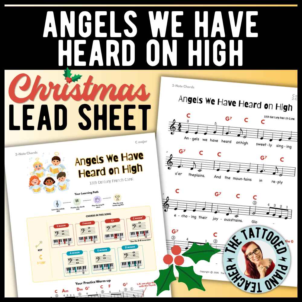 Angels We Have Heard on High beginner Christmas piano lead sheet music with 12 versions, including easy two-chord and three-chord arrangements.