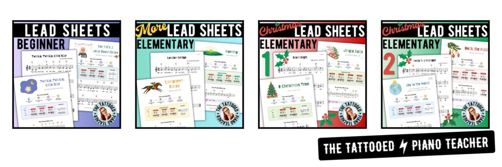Shop Beginner Piano Student Lead Sheet Packs. Sheet music with chords for piano teachers. the tattooed piano teacher