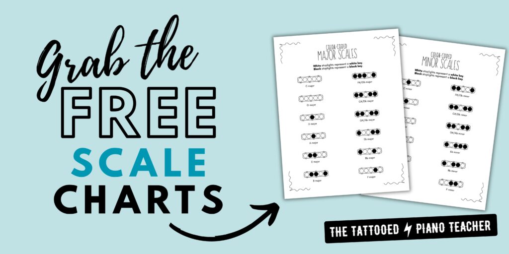 grab the free scale charts for piano students. stoplight scales. the tattooed piano teacher