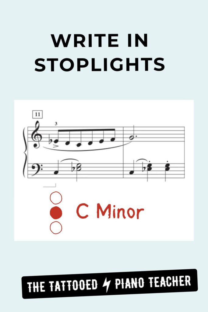 write in stoplight triads chords in students piano music. the tattooed piano teacher