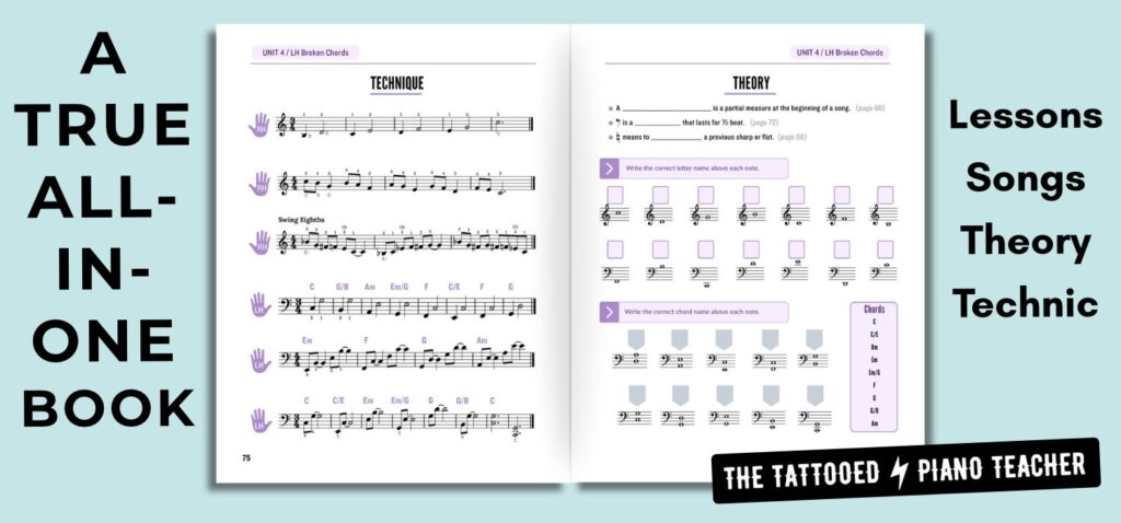 a true all-in-one method book. Lessons, songs, theory, and technique are included. the tattooed piano teacher. chord first