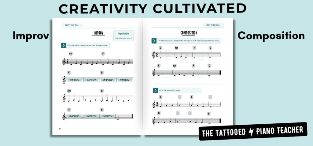 composition and improvisation are included at the end of each unit in chord first piano method book. the tattooed piano teacher