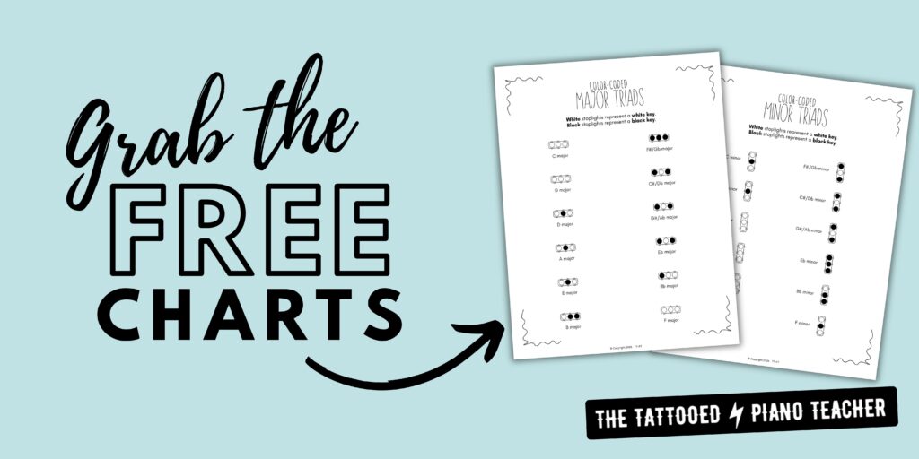 free printable pdf piano triad chord chart for beginner students. the tattooed piano teacher