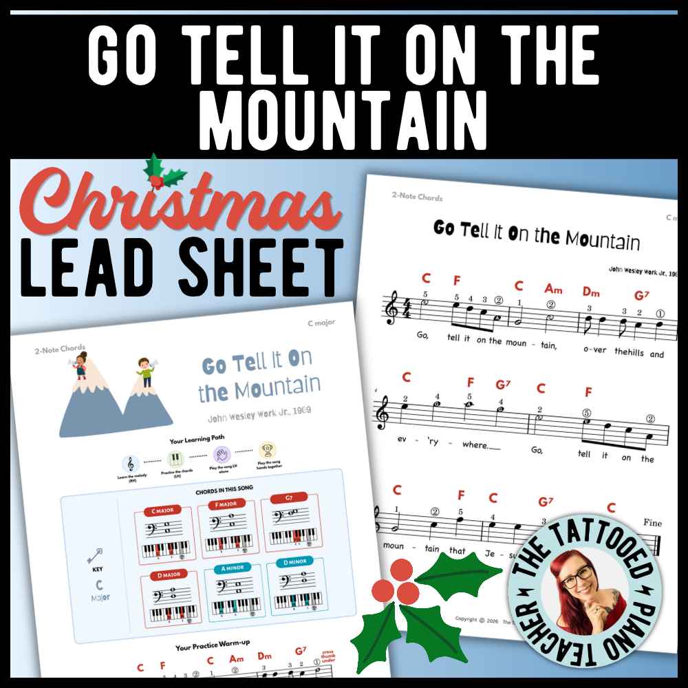 Go Tell It on the Mountain beginner Christmas piano lead sheet music with 12 versions, including easy two-chord and three-chord arrangements.