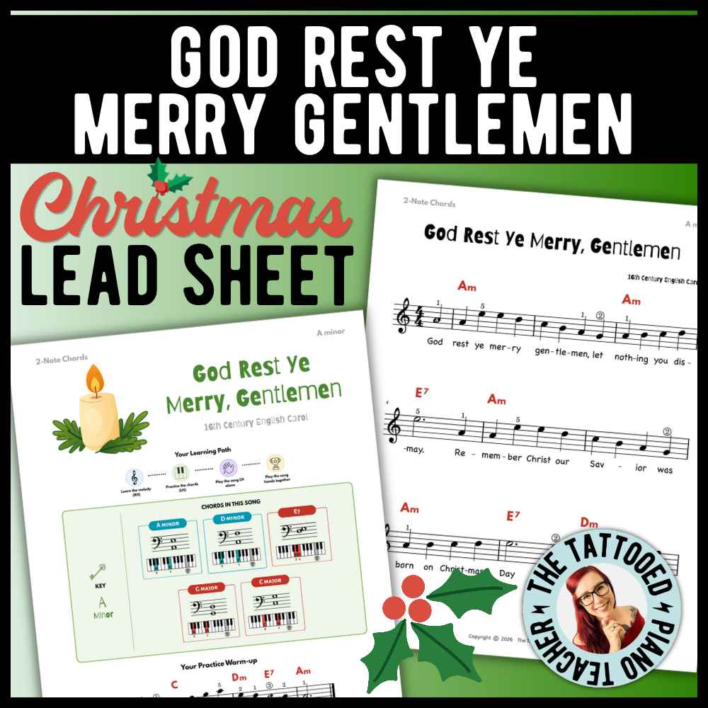 God Rest Ye Merry Gentlemen beginner Christmas piano lead sheet music with 6 versions in A Minor and E Minor, including simplified chords and moving fifths.