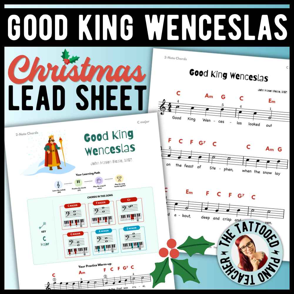 Good King Wenceslas beginner Christmas piano lead sheet music with 9 versions, including an easy three-chord arrangement and moving fifths.
