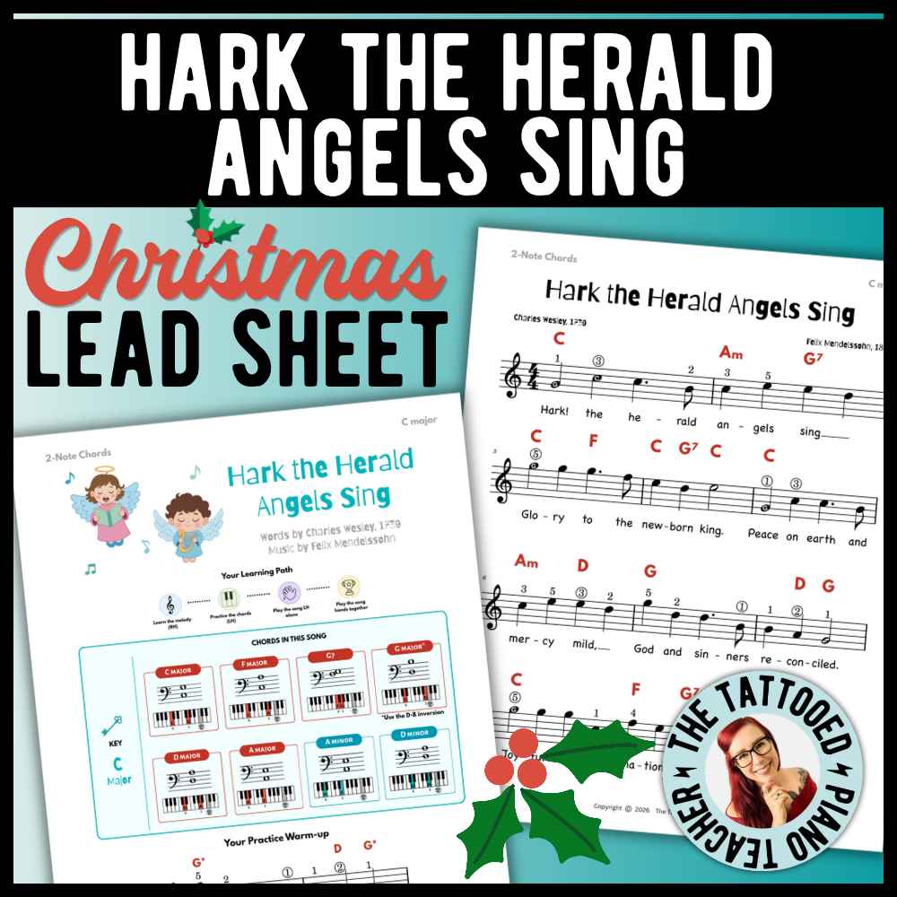 Hark the Herald Angels Sing beginner Christmas piano lead sheet music with 6 versions, including 2-note chords, 3-note chords, and moving fifths.