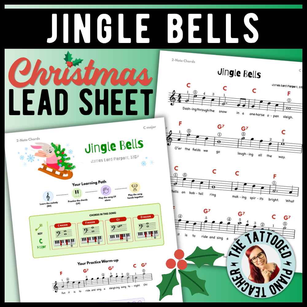 Jingle Bells beginner Christmas piano lead sheets with 12 versions, including an easy chorus-only arrangement using two chords.