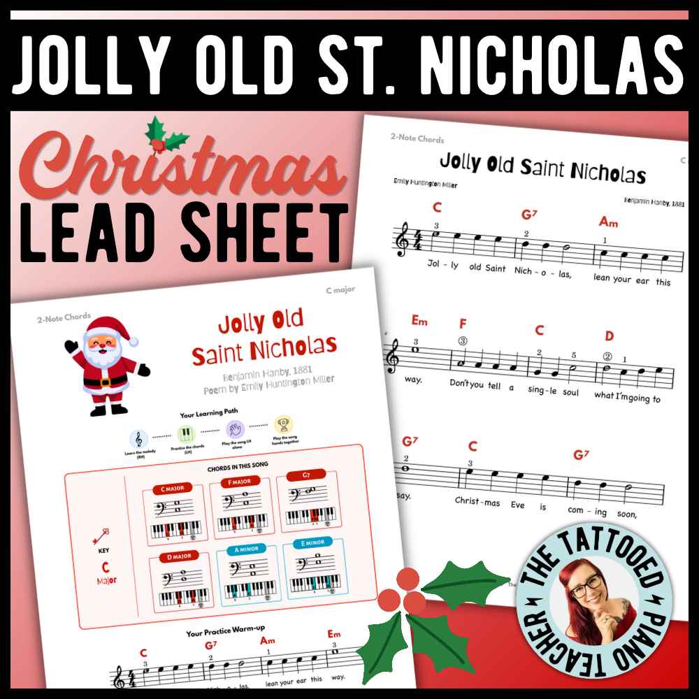 Jolly Old Saint Nicholas beginner Christmas piano lead sheets with 9 versions, including easy I-IV-V chords and moving fifths.