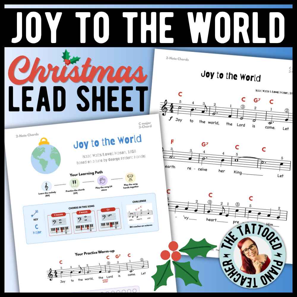 Joy to the World beginner Christmas piano lead sheet music with 9 versions, including an easy two-chord arrangement and moving fifths.