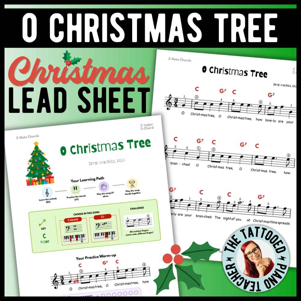 O Christmas Tree beginner piano lead sheets with 2-note chords, 3-note chords, and moving fifths in C and G Major.