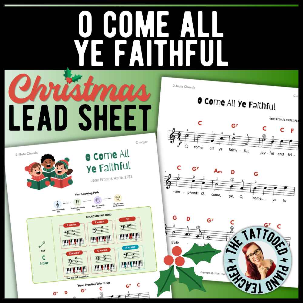 O Come All Ye Faithful beginner Christmas piano lead sheet music with 6 versions featuring 2-note chords, 3-note chords, and moving fifths.