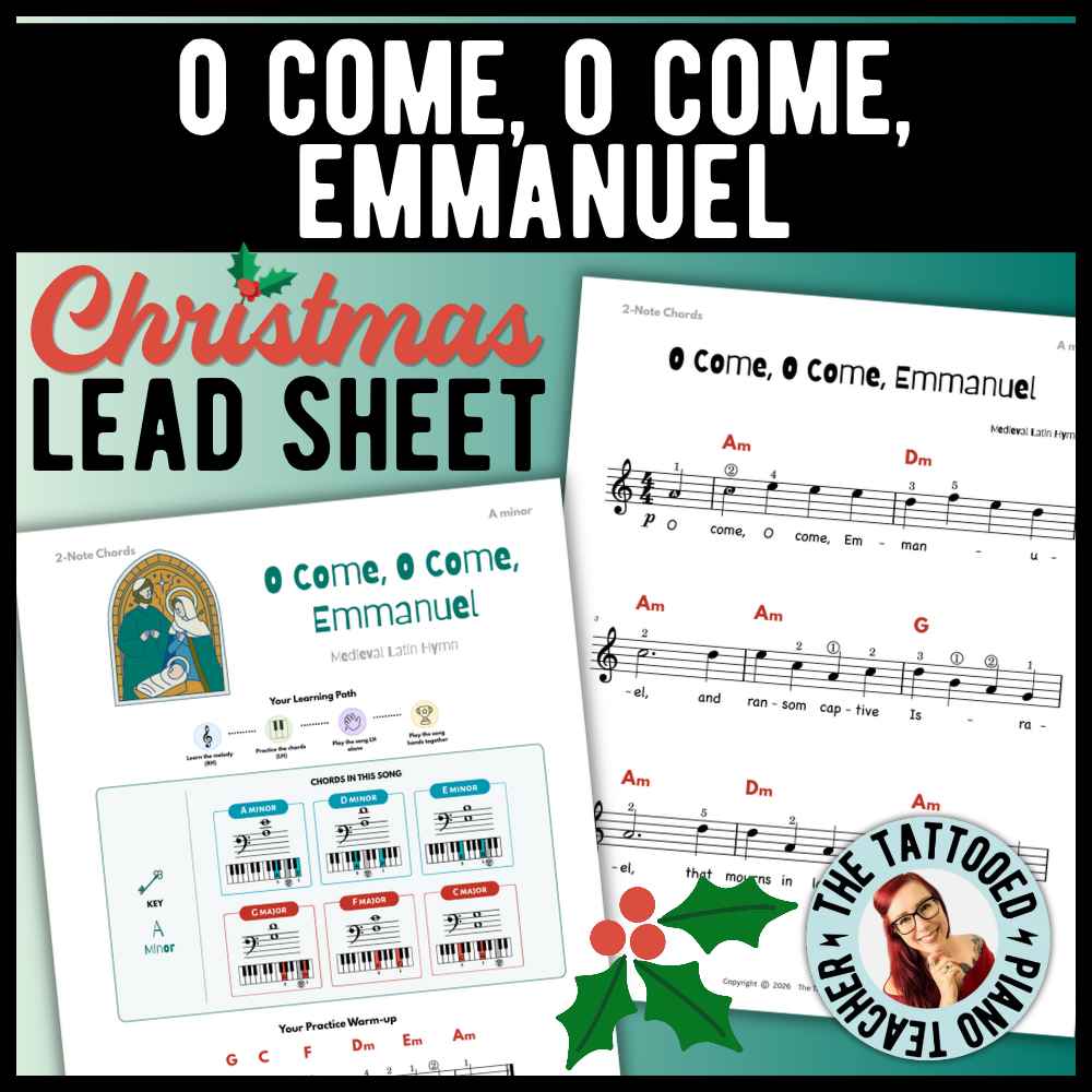 O Come O Come Emmanuel beginner Christmas piano lead sheets with 9 versions in A Minor and E Minor, including simplified three-chord arrangements.