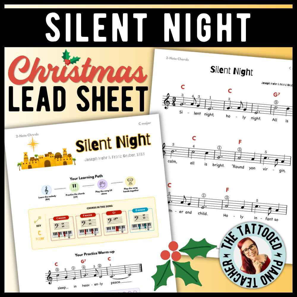 Silent Night beginner Christmas piano lead sheet music with 9 versions, including easy I-IV-V chords and moving fifths.