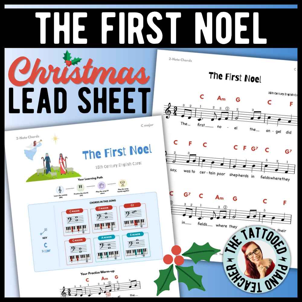 The First Noel beginner Christmas piano lead sheet music with 9 versions, including an easy three-chord arrangement, 2-note chords, and moving fifths.