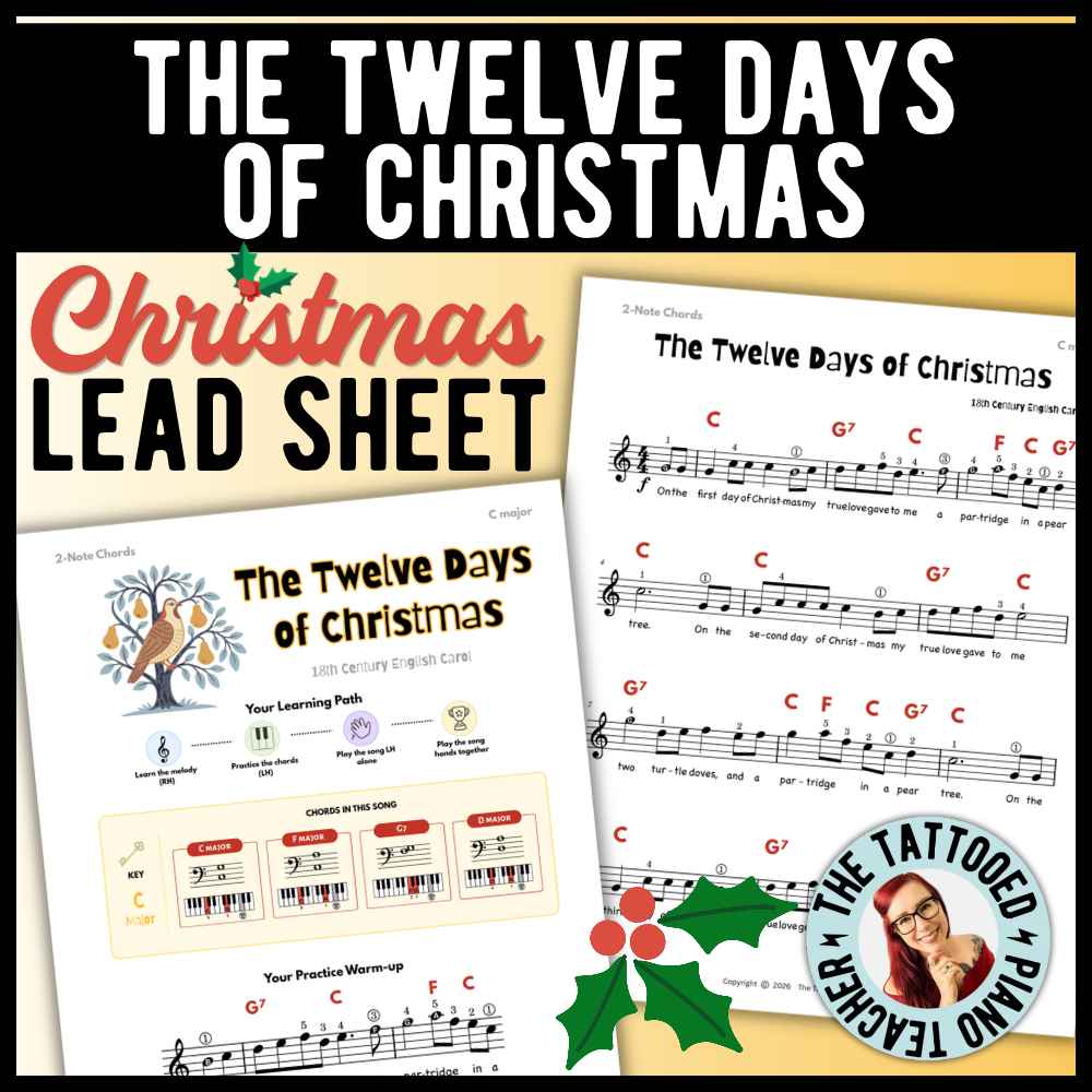 The Twelve Days of Christmas beginner piano lead sheet music with 6 versions featuring 2-note chords, 3-note chords, and moving fifths.