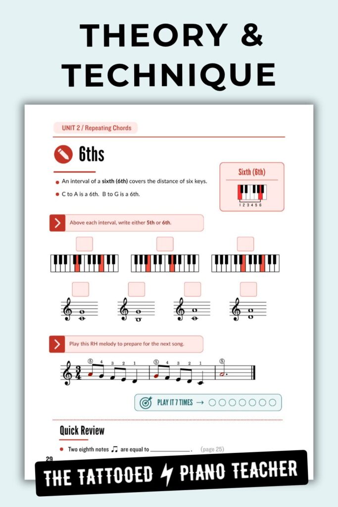 chord first book 1 includes lots of theory and technique in the book. sample page showing interval of a 6th writing page. the tattooed piano teacher