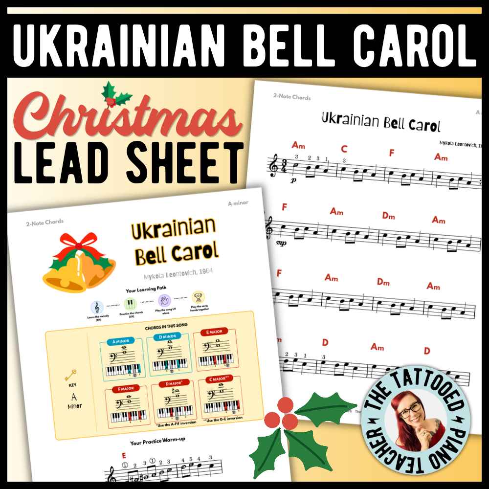 Ukrainian Bell Carol beginner Christmas piano lead sheet music with 6 versions in A Minor and E Minor, including simplified chords and moving fifths.