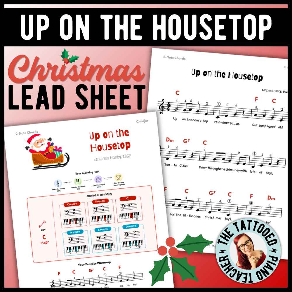 Up on the Housetop beginner Christmas piano lead sheet music with 9 versions, including easy I-IV-V chords and moving fifths.