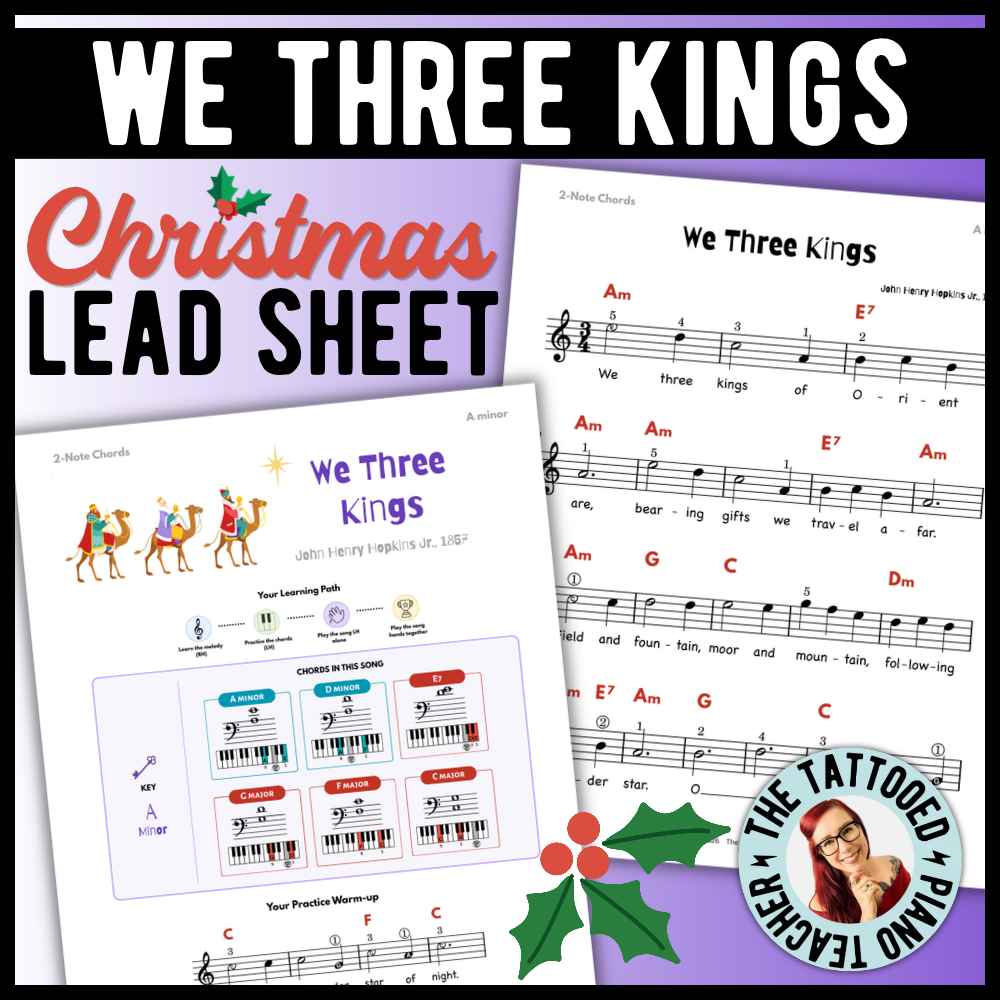 We Three Kings beginner Christmas piano lead sheet music with 6 versions in A Minor and E Minor, featuring simplified chords and moving fifths.