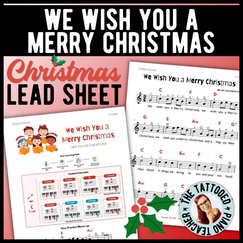 We Wish You a Merry Christmas beginner piano lead sheet music with 6 versions, including 2-note chords, 3-note chords, and moving fifths.